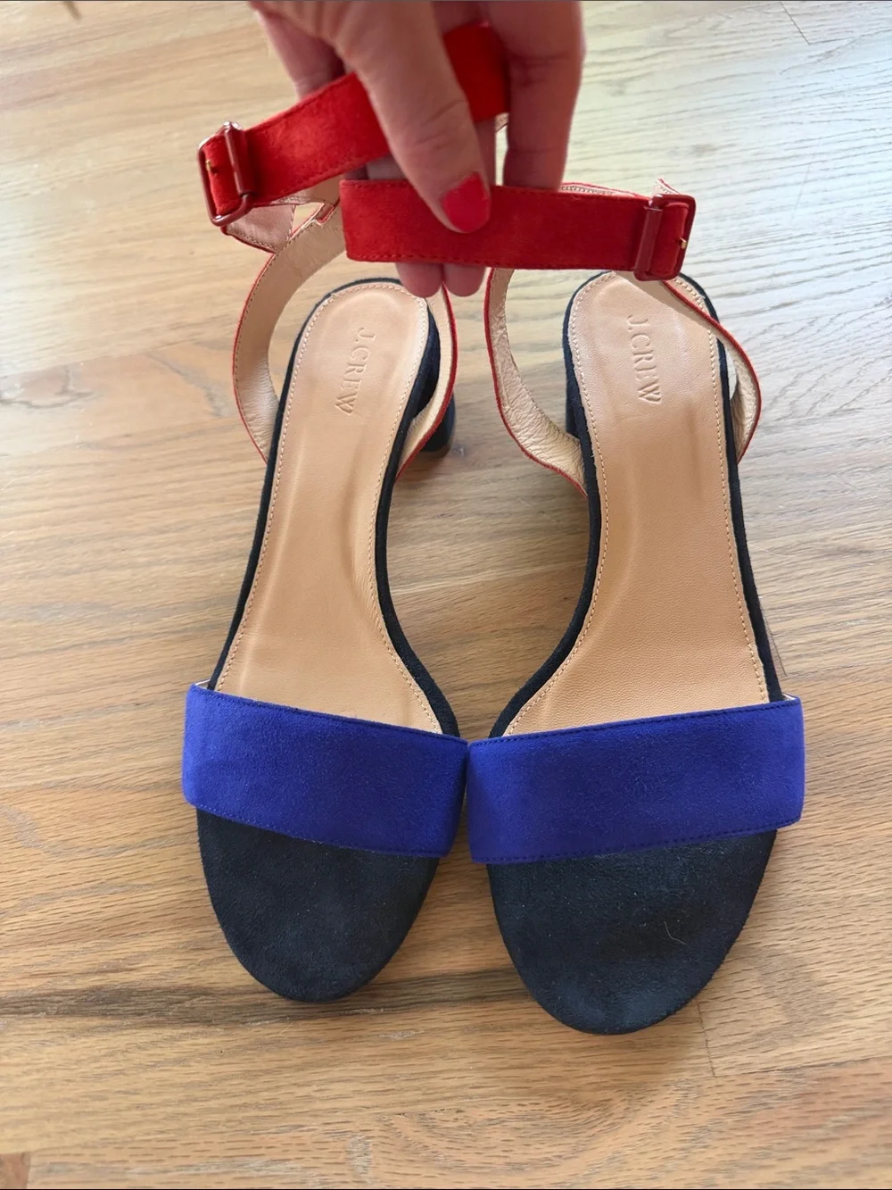 J.Crew Colorblock Suede Block Heel Slingback Sandals Red Blue Navy Size 10 NWOT